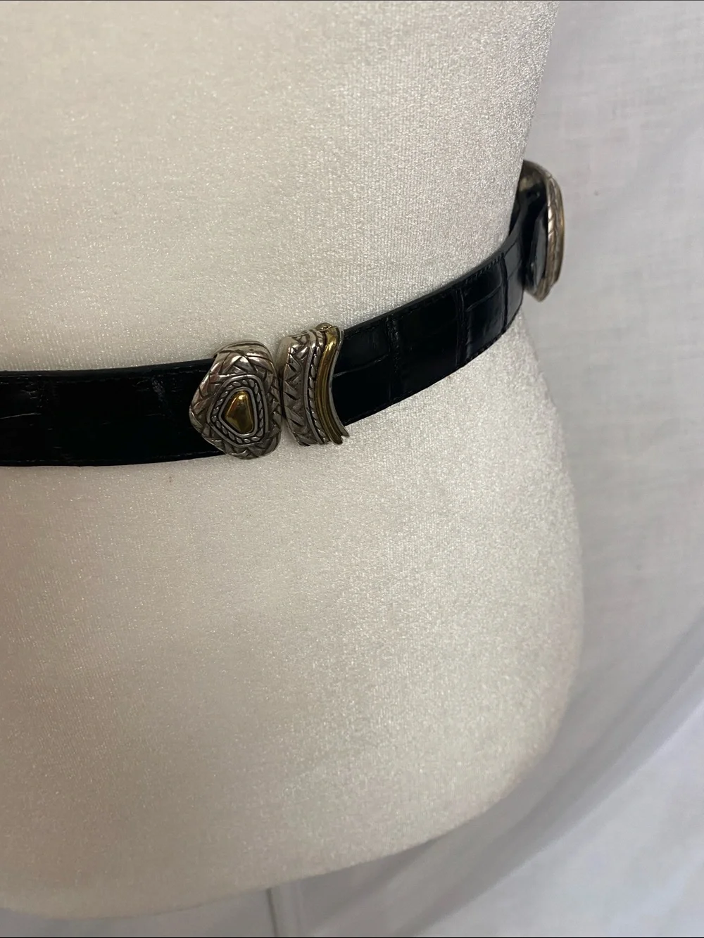 Croc-Effect Black Leather Belt with Ornate Gold Buckle